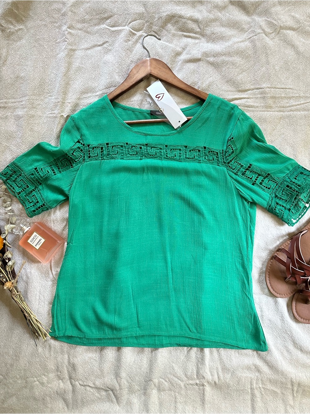 NEW GeeGee Kelly Green Crinkle Gauze Boho Cottagecore Lace Blouse